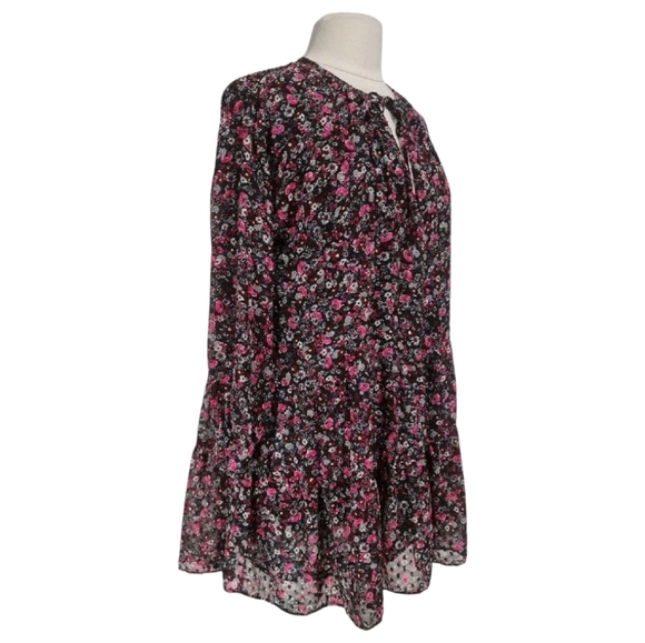 Zara Black Pink Floral Long Sleeve Tiered Mini Dress Size M Boho Cottagecore - Picture 7 of 7